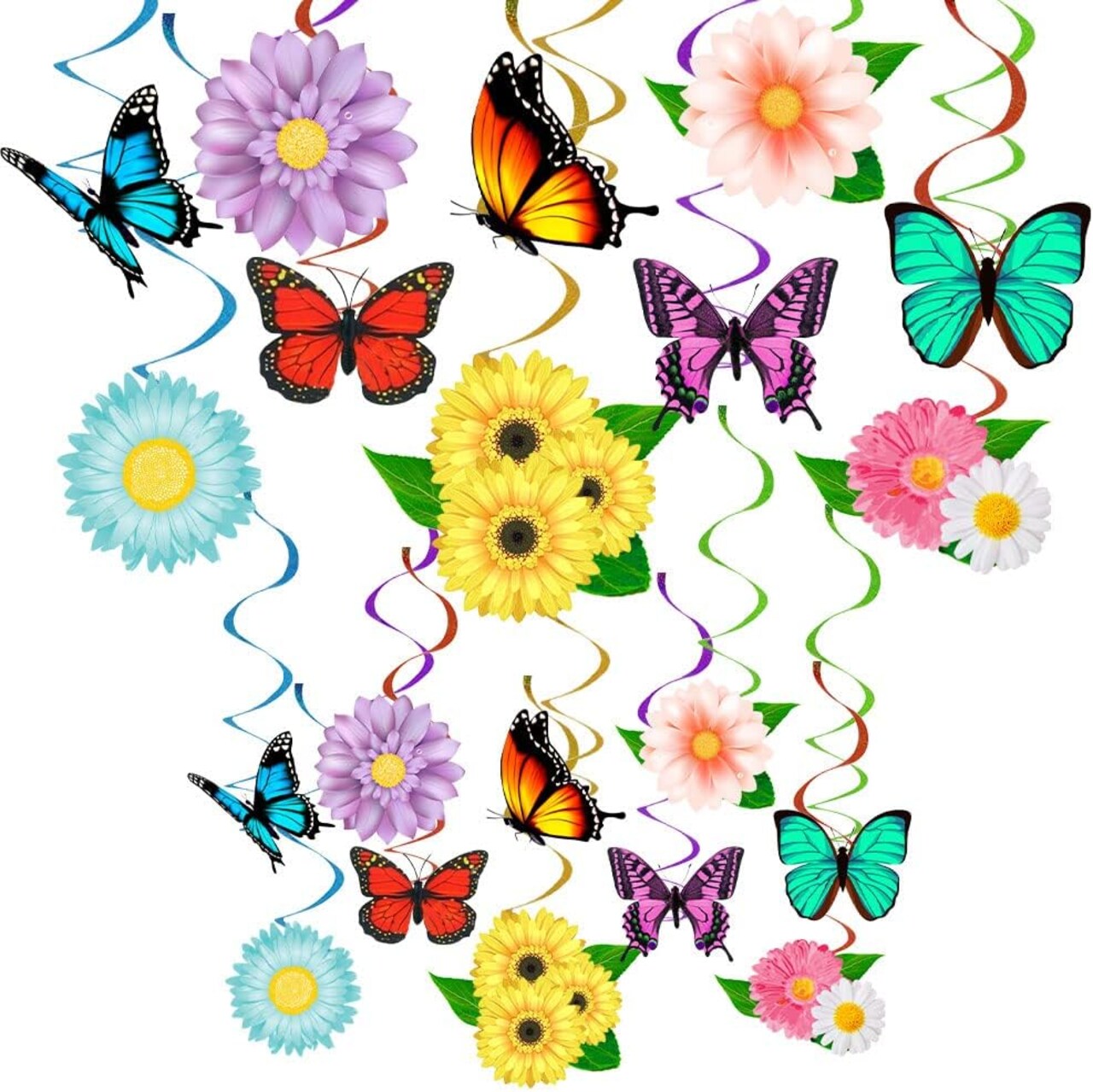30-Set Flower & Butterfly Hanging Swirl Decorations – Spring & Summer Ceiling Streamers Party Decor for Birthday Parties, Classroom, Office, and Garden Seasonal Decorations